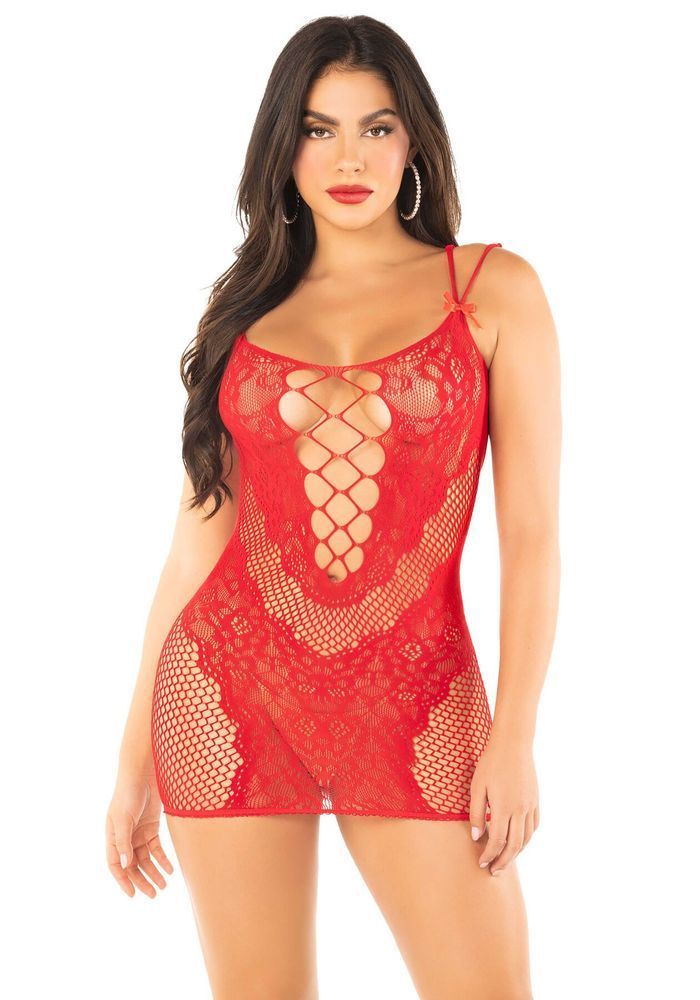 Сукня Leg Avenue Lace and Net Mini Dress with Dual Strap One Size, Red SX1734 фото