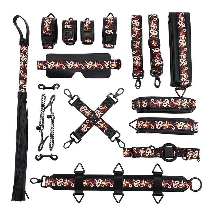 БДСМ-набір LOCKINK The Flowering Serpent Bondage Set, чорний, з малюнком у вигляді змій, 12 предметів SX0902 фото