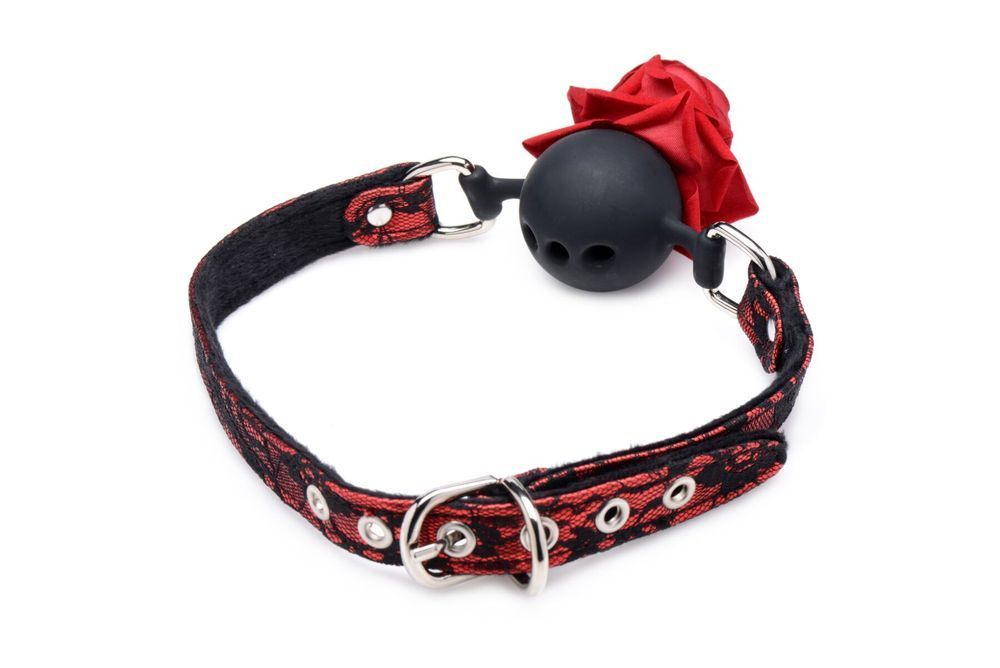 Кляп с розой Master Series: Eye-Catching Ball Gag With Rose, черно-красный SO8794 фото