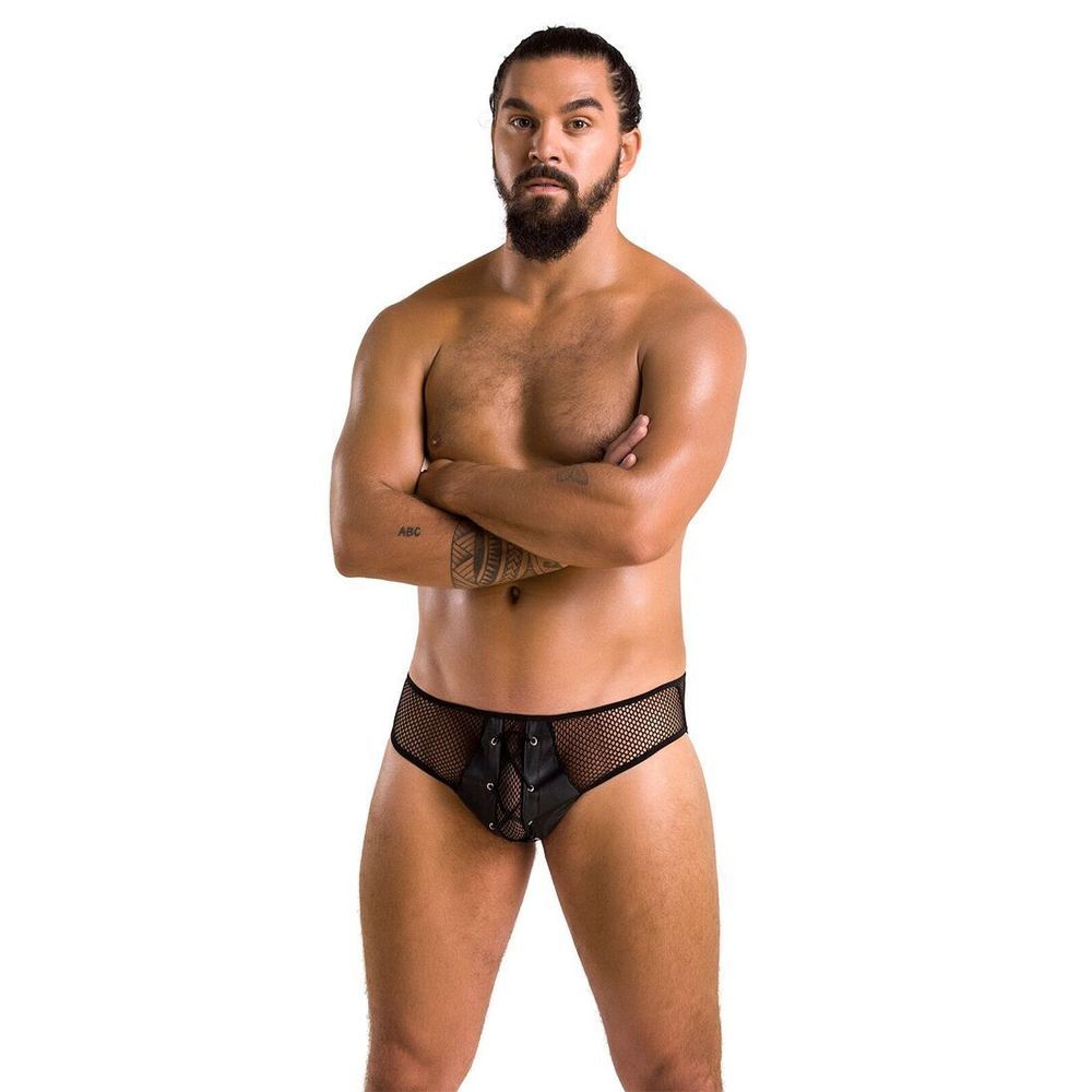 Чоловічі труси зі шнурівкою Passion 035 SLIP RICHARD S/M Black, екошкіра, сітка SO7577 фото