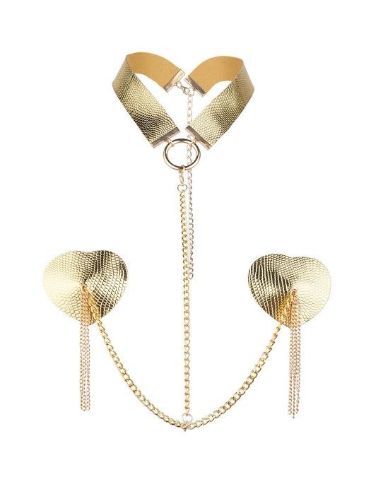 Пестис-сердечки с кисточками и чокером JSY Nipple Sticker RT236114 Golden SX3758 фото
