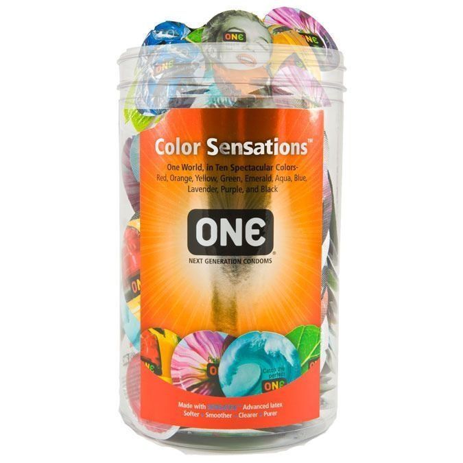 Набір презервативів ONE Color Sensations, 100 шт, кольорові, 10 кольорів, зі змазкою, паковання-тубус SX0740 фото